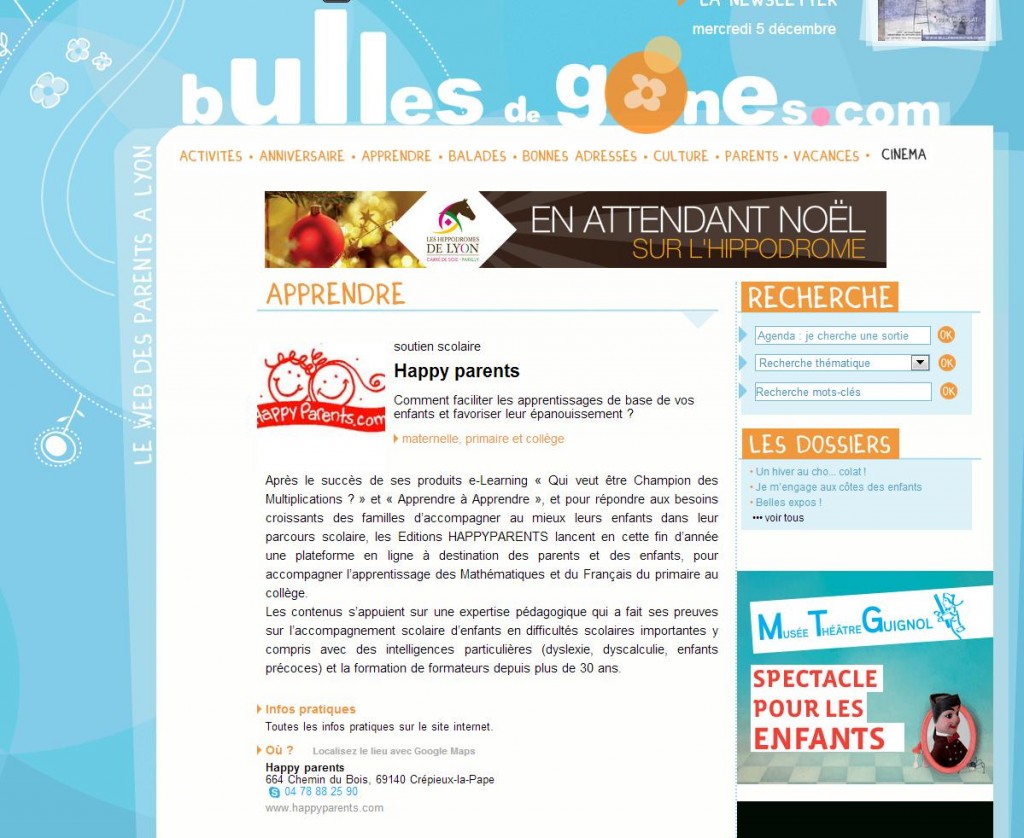 Extrait parution Université HAPPYPARENTS Maths Français dans Bulles de Gones 